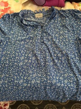 MELLODAY Blue Floral Ruffle Neck Blouse